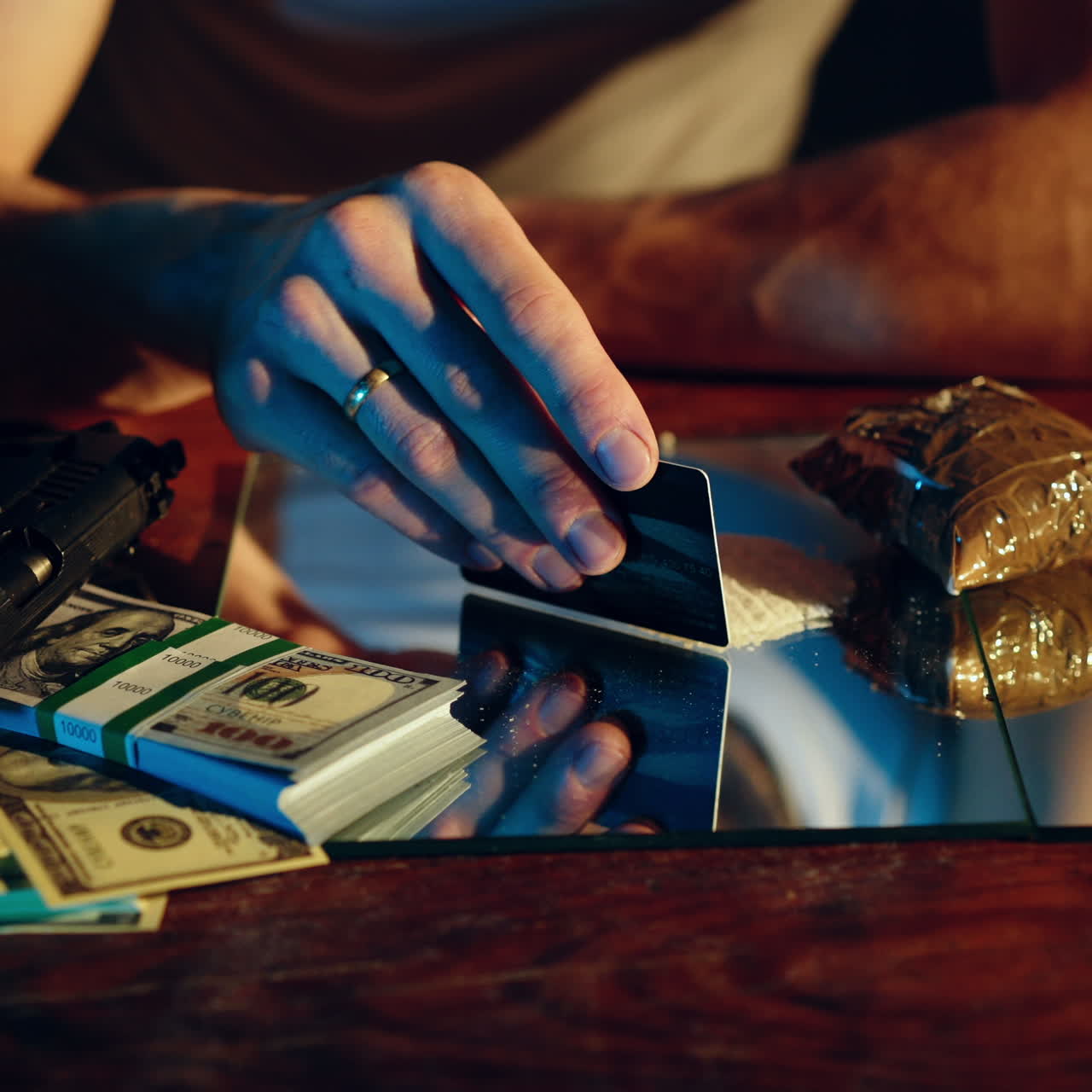 Drug addict preparing cocaine lines. Cocaine powder sorted. Social problems Square video