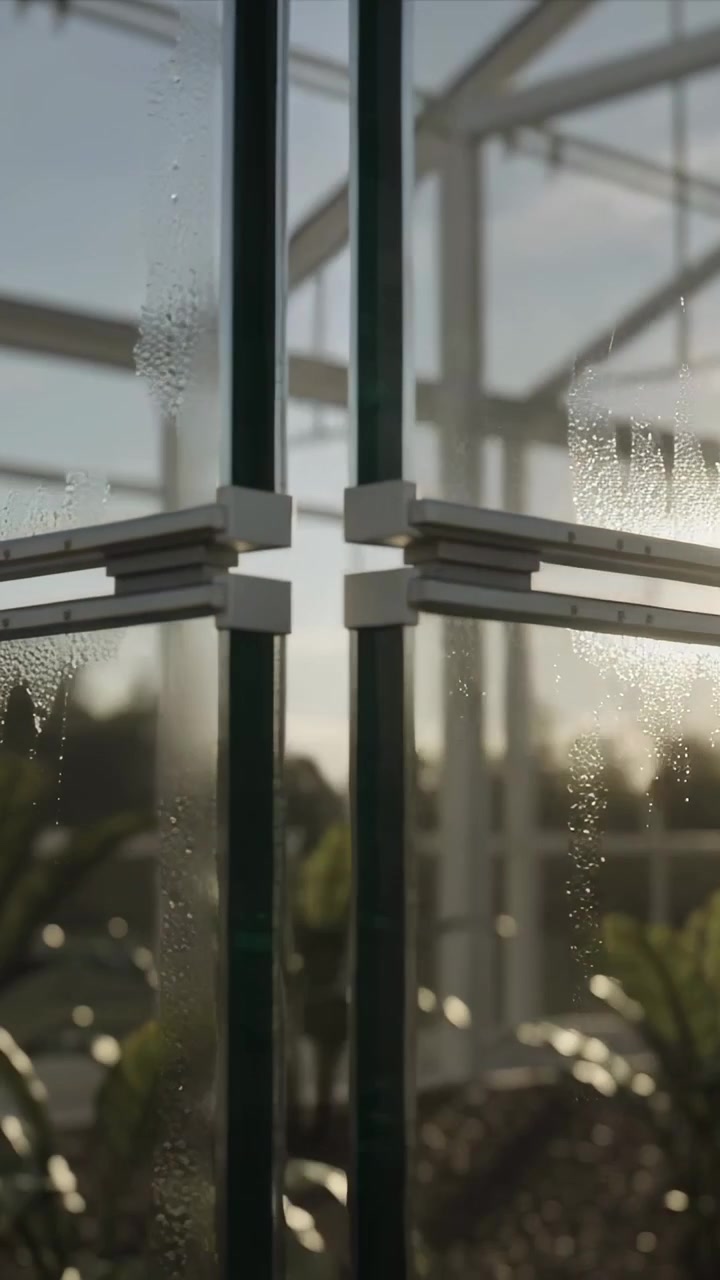 Vertical video: Showing glass mullion revealing droplets in greenhouse while sun warming panes