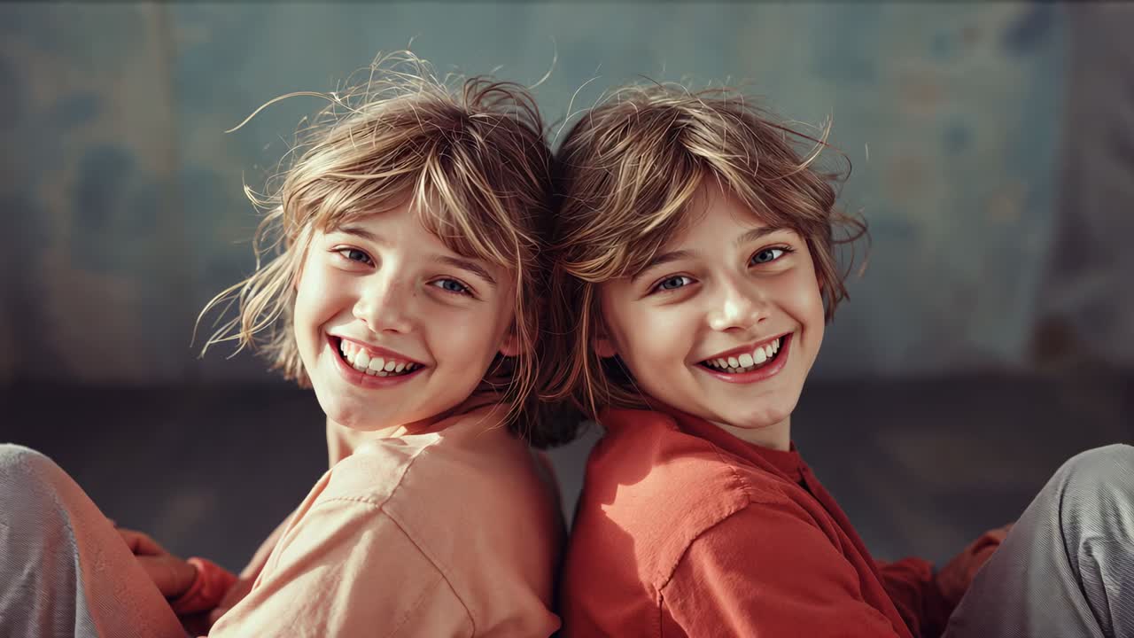Smiling kids sitting back-to-back in room, in peach orange shirts, camera tightening for portrait