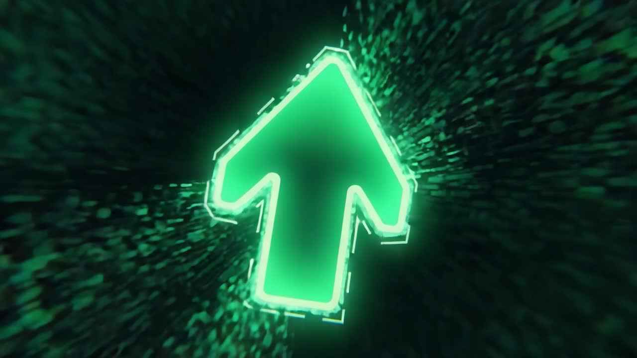 Dynamic Green Arrow Moving Forward Through a Digital Space, Representing Progress, Growth, and Technological Advancement in a Futuristic Environment
