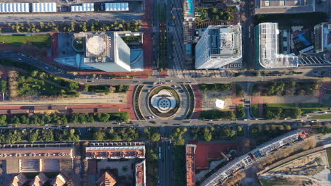 Roundabout-aerial-top-shot-The-Olympic-Village-of-Poblenou-Barcelona-Spain