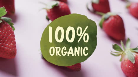 animation of 100 percent organic text over strawberries on pink background