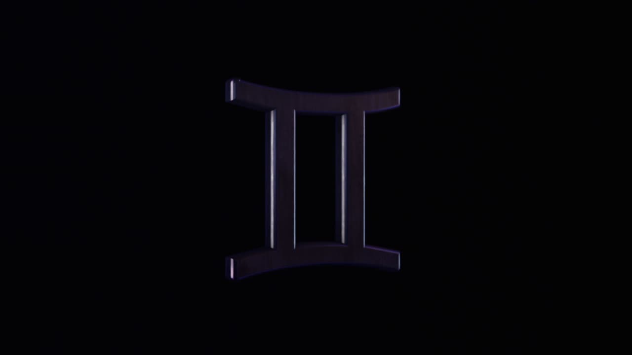 signo del zodiaco en fondo negro. animación. animación 3d con forma textural del signo del zodiaco girando sobre fondo negro. símbolo del zodiac o signo de géminis