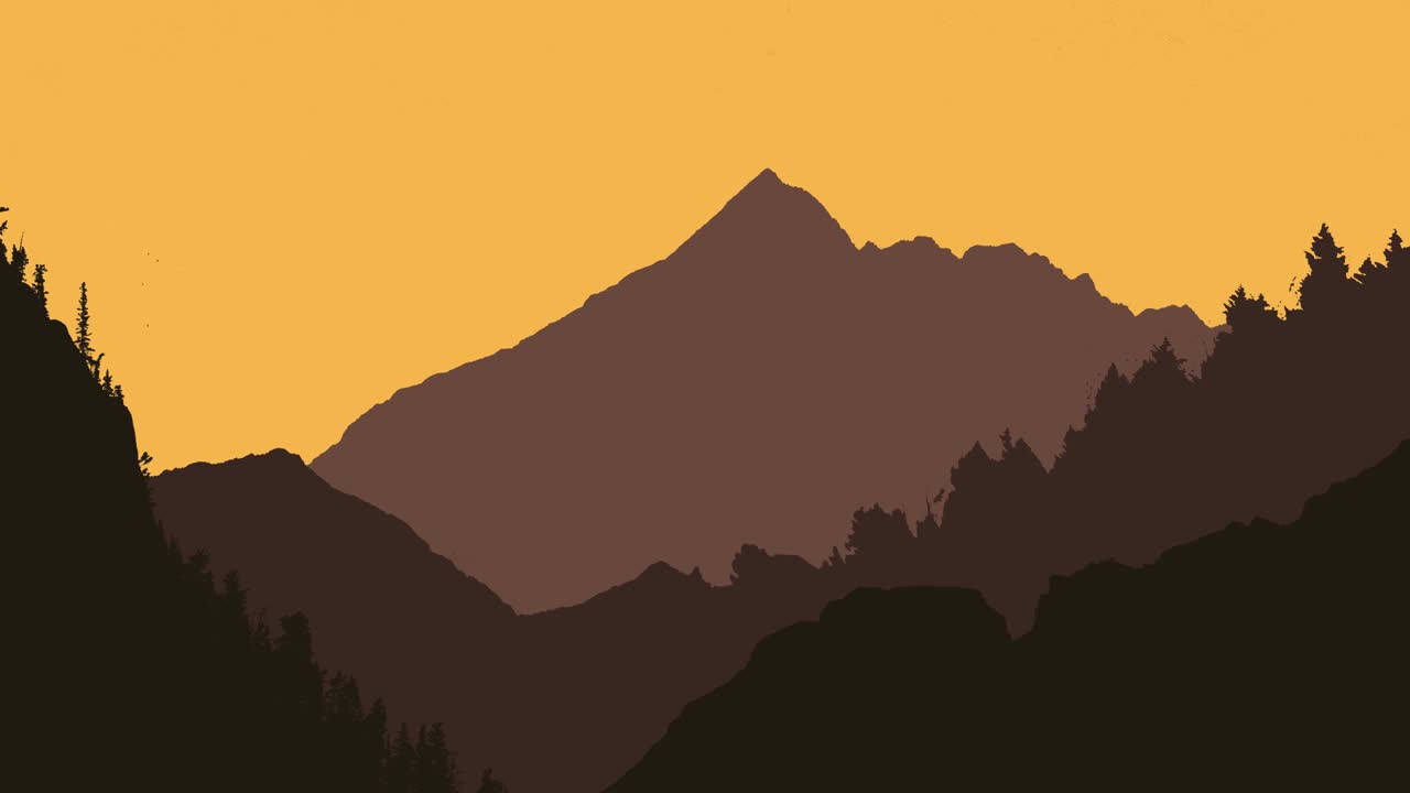 배경 에 오렌지색 하늘 을 배경 으로 산 들 의 애니메이션