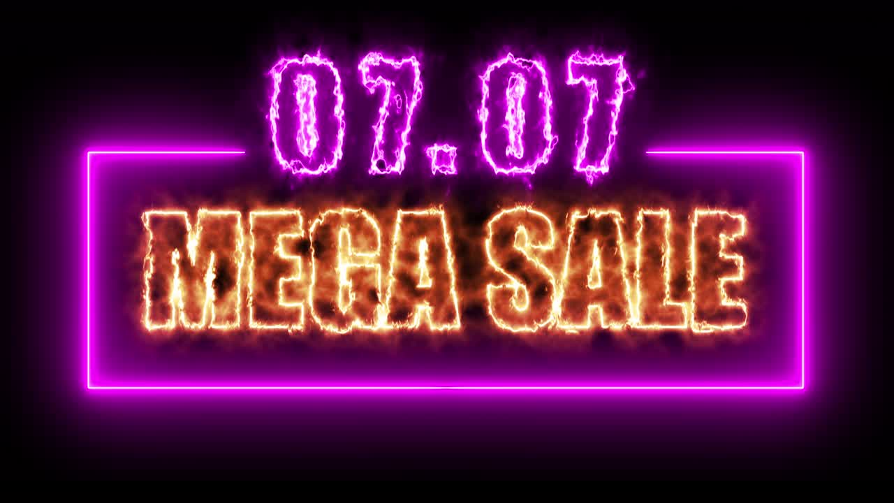 07.07 mega venta colorido cartel de neón con fondo negro para promocionar el video. concepto de promoción de la venta de la marca