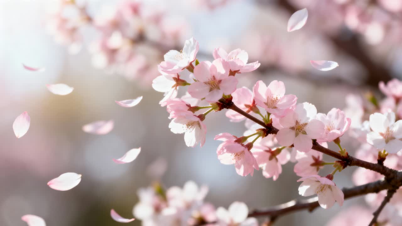 Swaying cherry blossom branch moving in spring garden, breeze sending petals drifting, copy space
