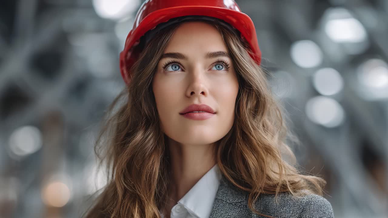 Inspired Young Woman in Hard Hat Contemplating Future Possibilities in Construction Environment with Modern Aesthetics and Strong Determination