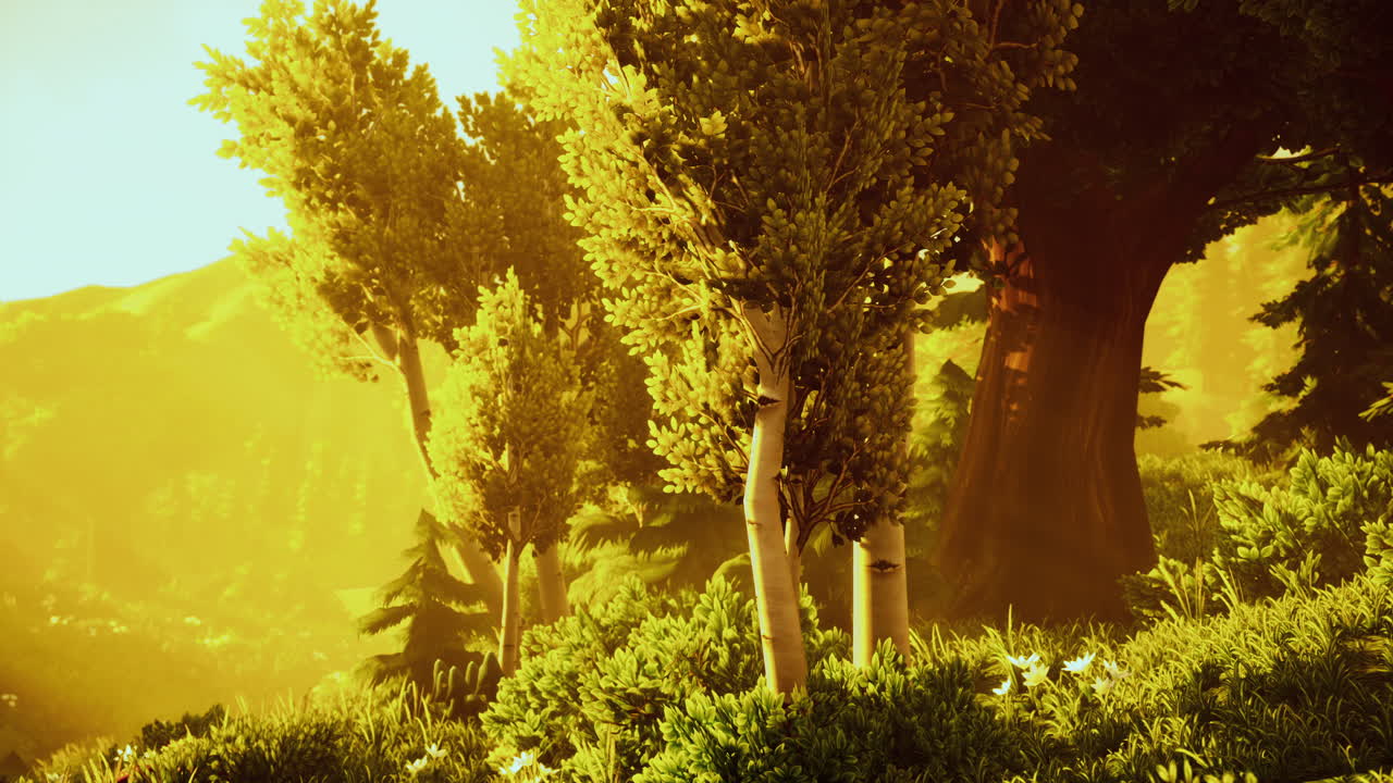 만화의  ⁇ 빛이 나무들을 가로질러 흐르고 있습니다.