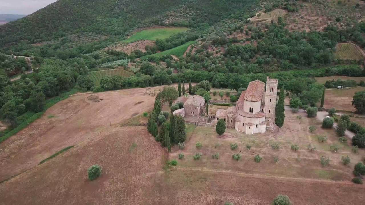 Aerial View of Sant'Antimo Abbey in Rural Tuscany, Italy
