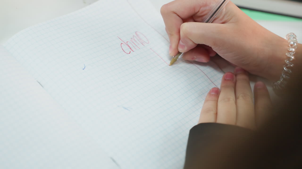 closeup hands practicing math on graph paper notebook, guiding wrist and bracelet visible, careful pen strokes forming numbers, neat classroom desk with pastel stationery, calm focused study