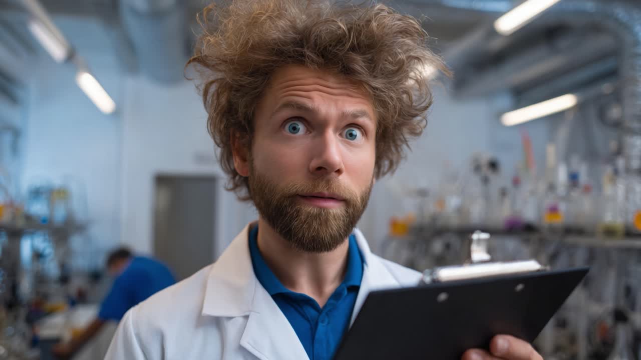 Uno scienziato scioccato, con i capelli sparati e una clipboard, sembra sorpreso in un ambiente di laboratorio, catturando un momento di stupore in mezzo a un ambiente di ricerca caotico