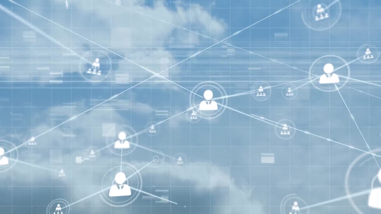 아이콘과 연결 네트워크의 애니메이션과 구름과 하늘 위의 간섭