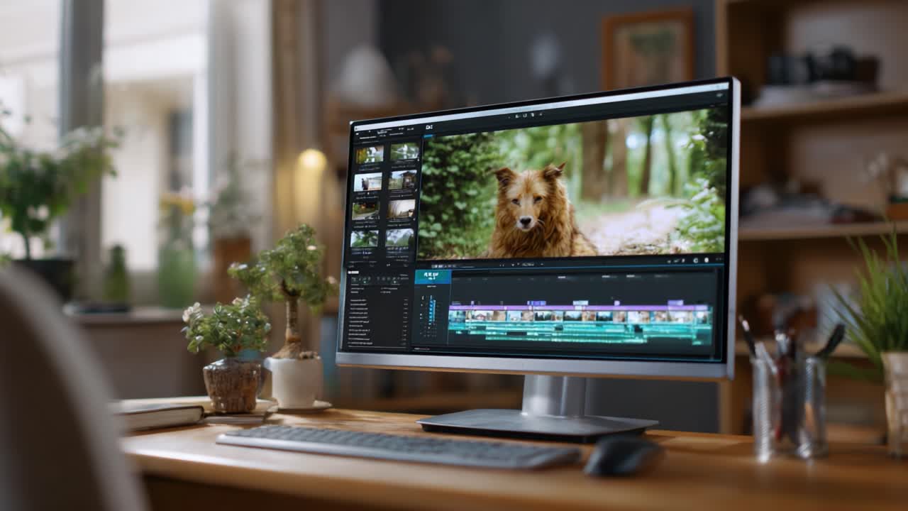 Una scena mozzafiato di editing naturalistico si svolge sullo schermo di un elegante computer, mostrando un leone in una vivace ambientazione nella foresta e il processo di produzione video