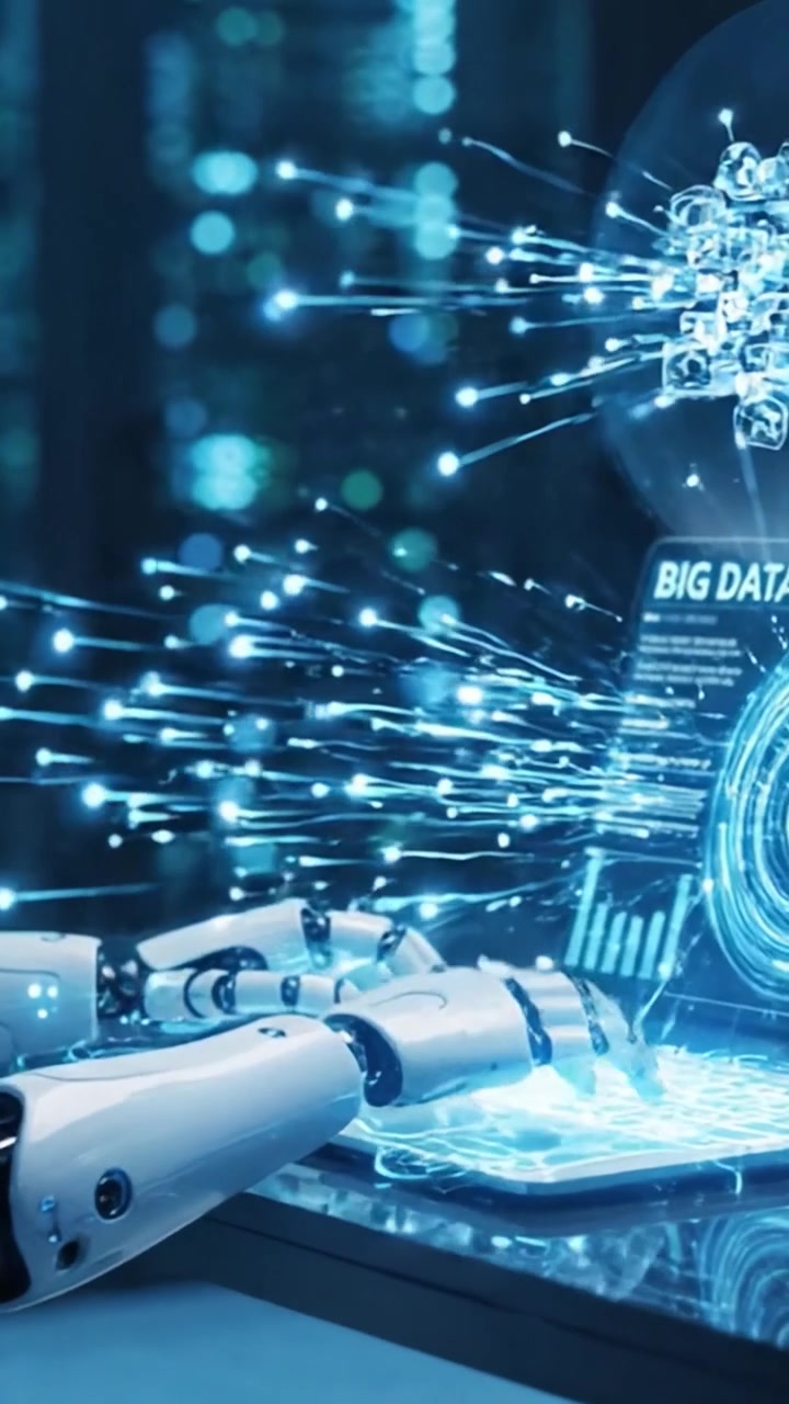 A Sophisticated Robot Analyzes Complex Data Visualizations on a Laptop Screen in a High-Tech Environment, Showcasing Advanced Technology and AI Capabilities