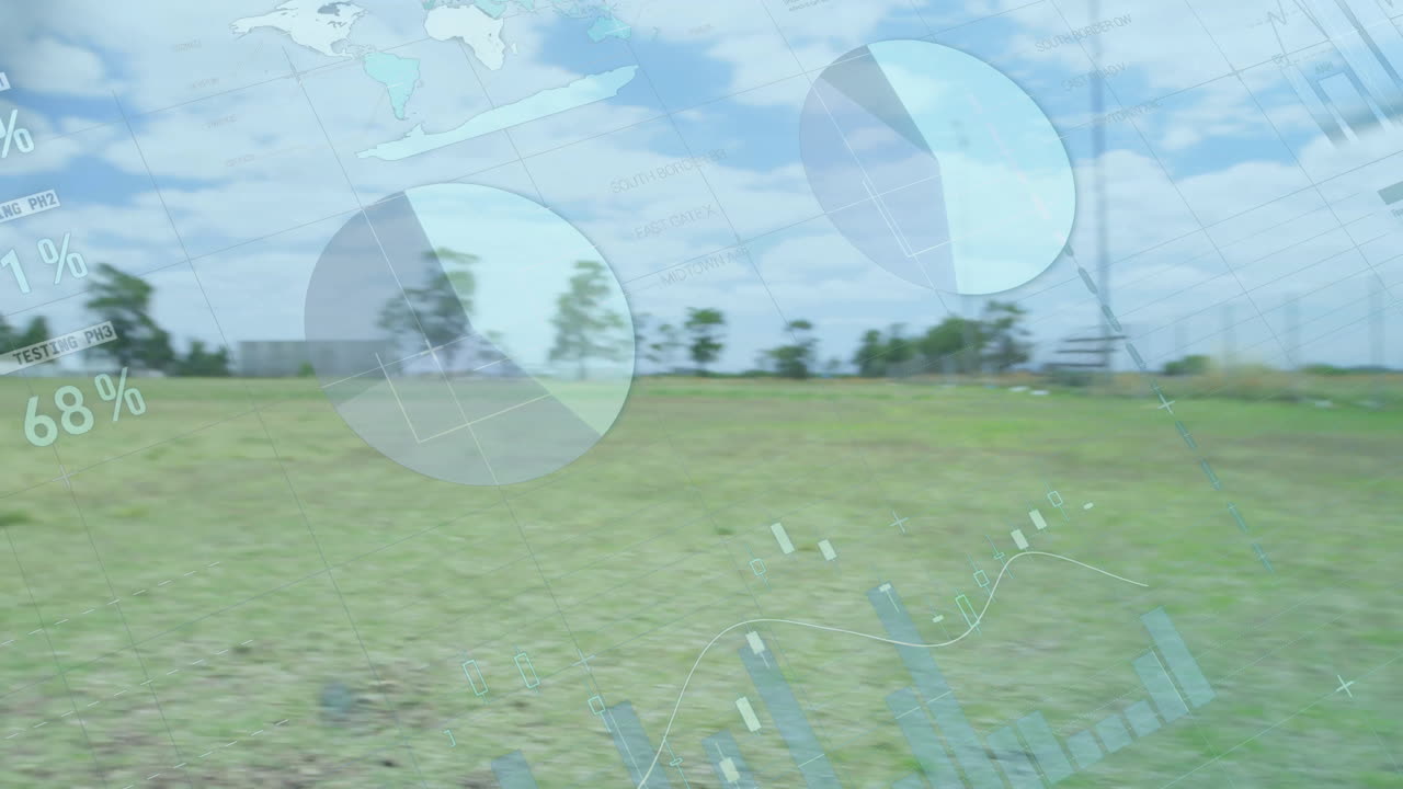 Pie chart and data visualization animation over grassy landscape with blue sky