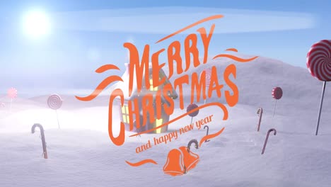 Animation-Von-Weihnachtsgrüßen-über-Zuckerstangen,-Schnee-Und-Haus-In-Winterlandschaft
