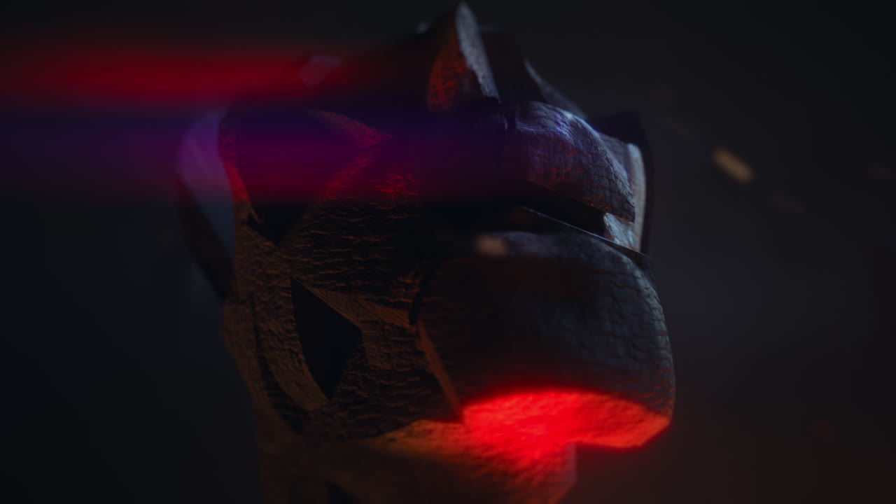 Crushed and burned android head on spike in hell