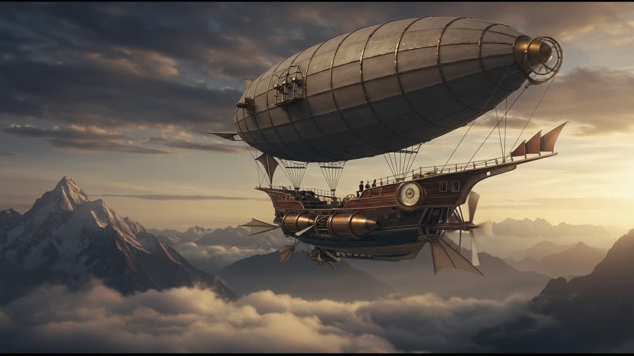 A majestic steampunk airship gliding gracefully above the clouds, with breathtaking mountain vistas in the background, showcasing an imaginative journey through the skies