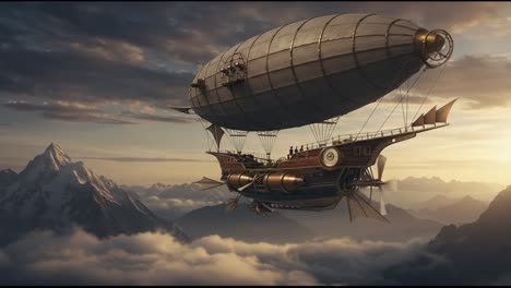 a majestic steampunk airship gliding gracefully above the clouds, with breathtaking mountain vistas in the background, showcasing an imaginative journey through the skies
