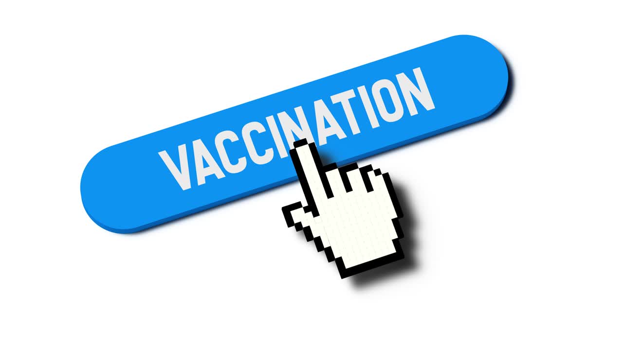 el cursor de la mano del píxel elige el botón de texto de vacunación en un fondo aislado