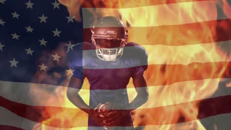 angry quarterback standing with an american flag on the foreground and a fire burning on the backgro