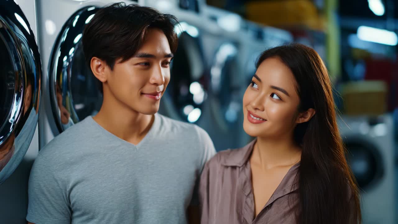 A Romantic Encounter in a Laundromat: Two Young Adults Share a Heartfelt Moment While Waiting for Their Clothes to Wash, Highlighting Their Connection and Affection in a Cozy, Everyday Setting