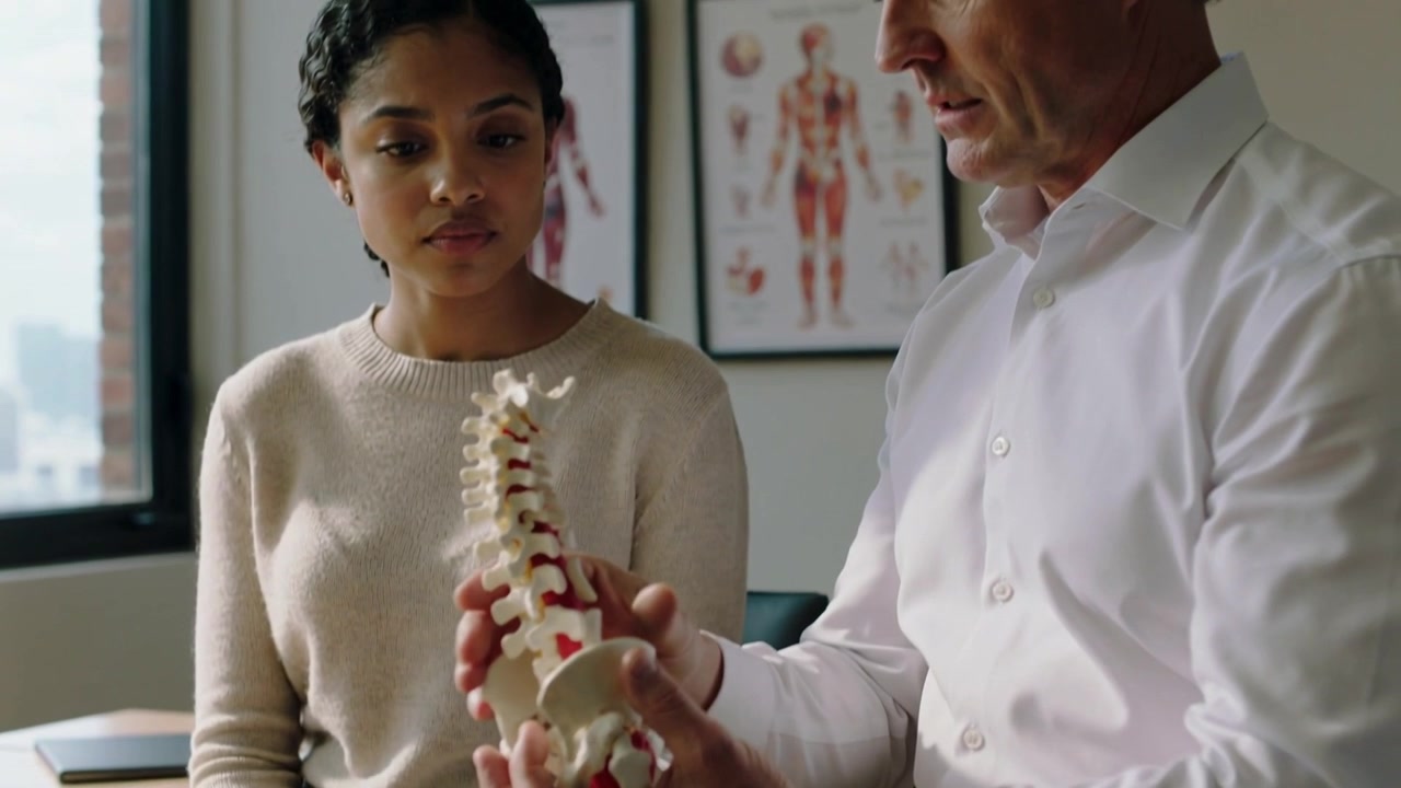 Picking up spinal model doctor in white shirt rotating vertebrae in clinic, explaining red discs