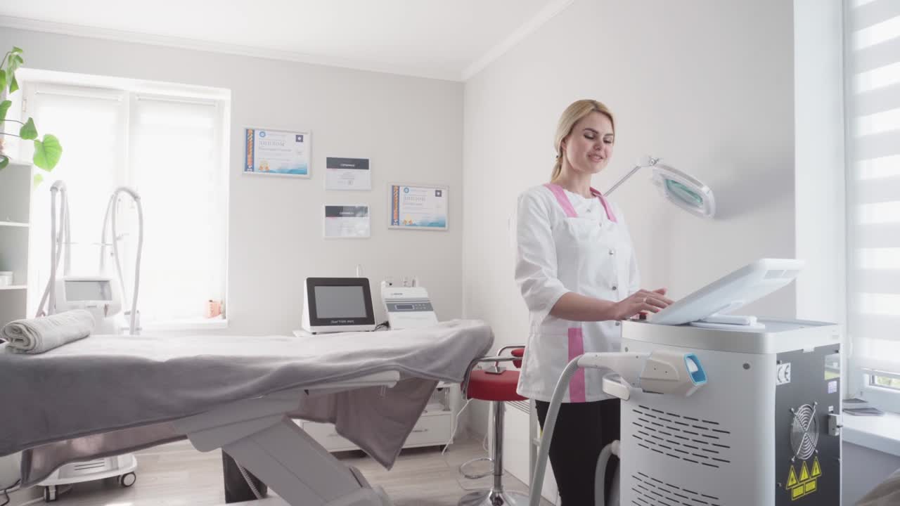 procedimiento de hardware en cosmetología. el cosmetólogo suaviza las arrugas con microcorrientes. peeling, fonoforesis, masaje y lifting facial en una clínica de belleza.