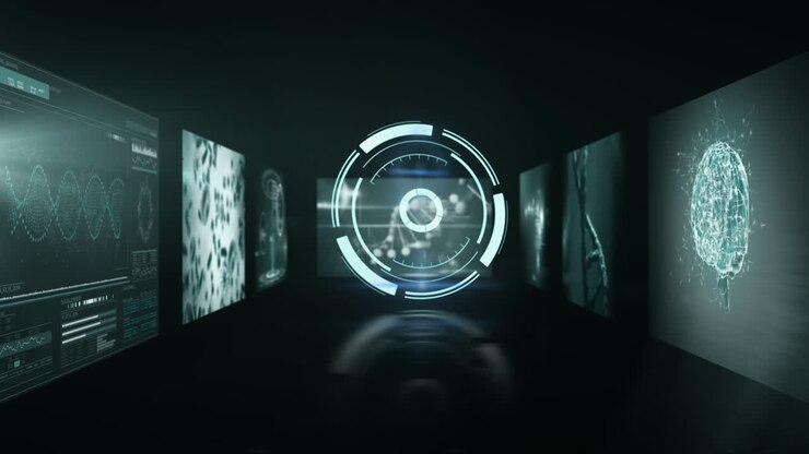Animation of illuminated circles over multiple medical interfaces against black background