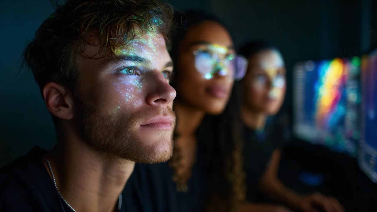 A group of individuals focused on their computer screens while colorful light patterns reflect on their faces, showcasing the intensity and creativity involved in digital content creation and teamwork