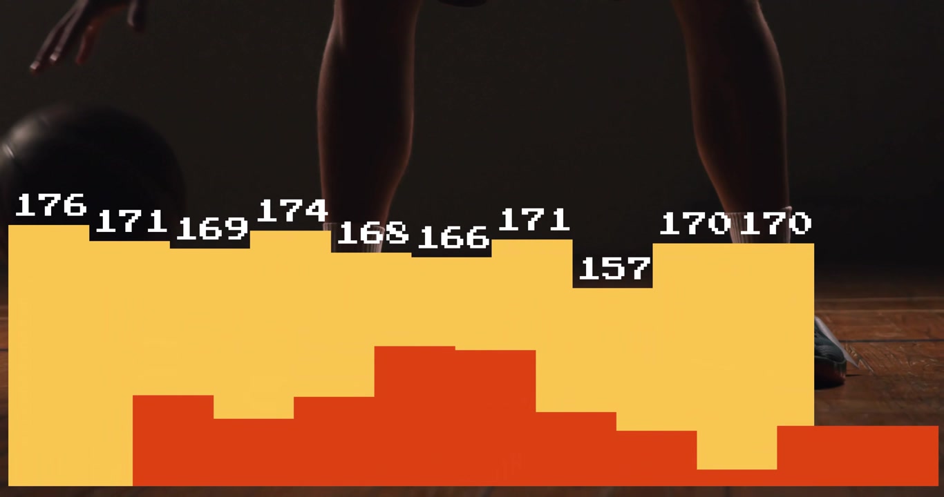 Male athlete catching basketball and dribbling, while chart overlay showing training analytics