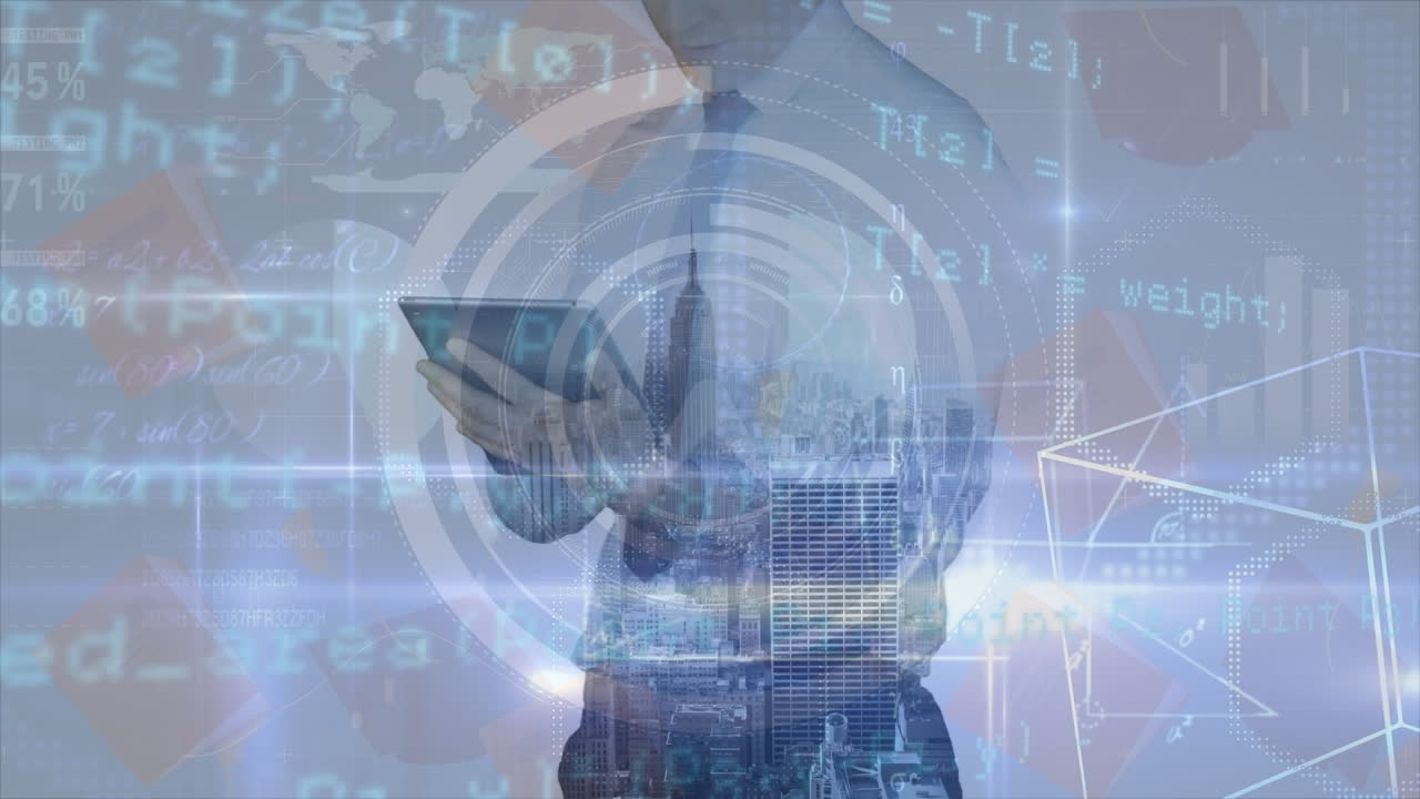 Animation of data processing over caucasian businessman with tablet