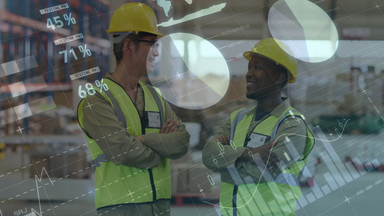 animación de gráficos estadísticos sobre diversos trabajadores masculinos en el almacén