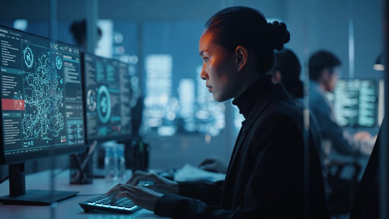 Focused Cybersecurity Analyst Engaged in Monitoring Systems with Multiple Screens in a Darkened Office Environment, Surrounded by Colleagues and Technology