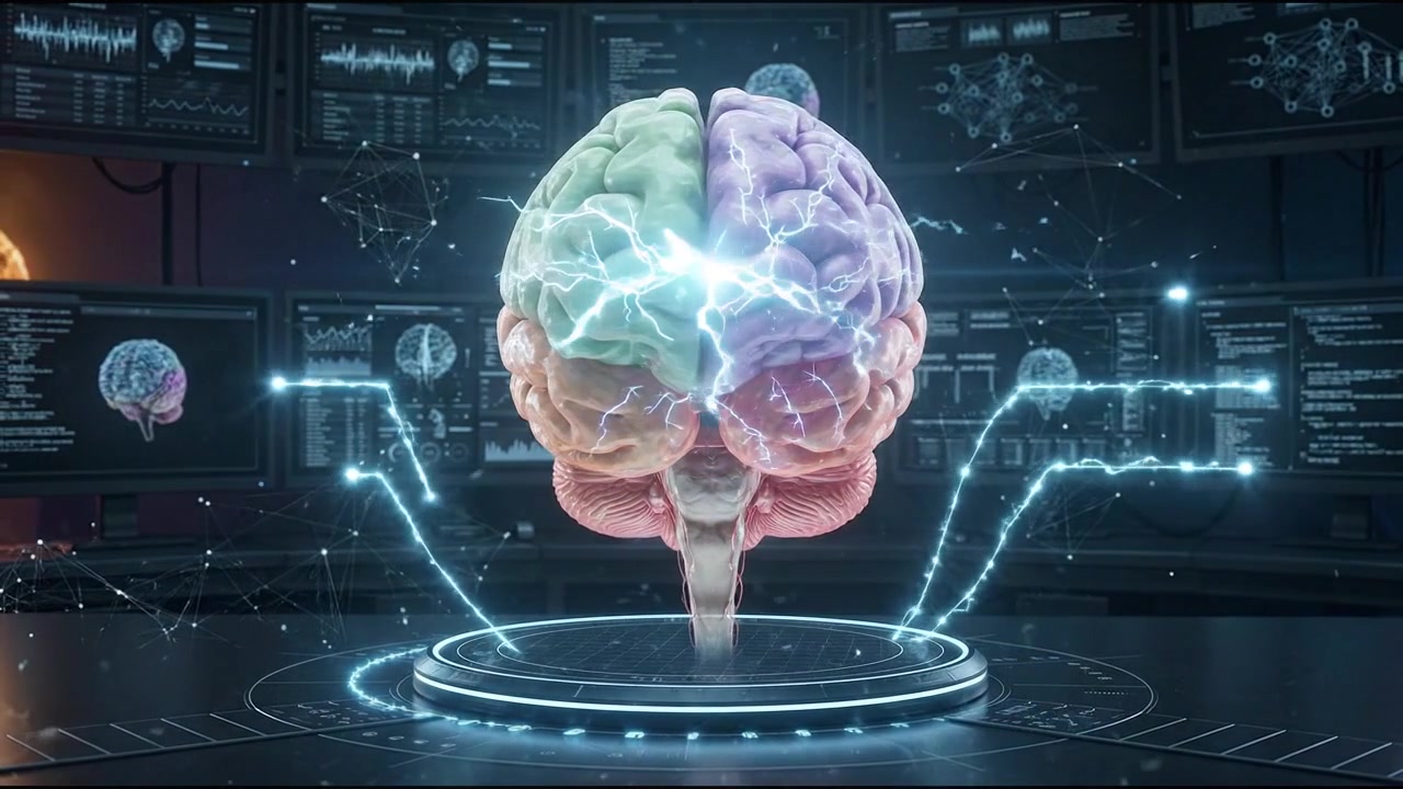 3D human brain model floating on dark background with glow