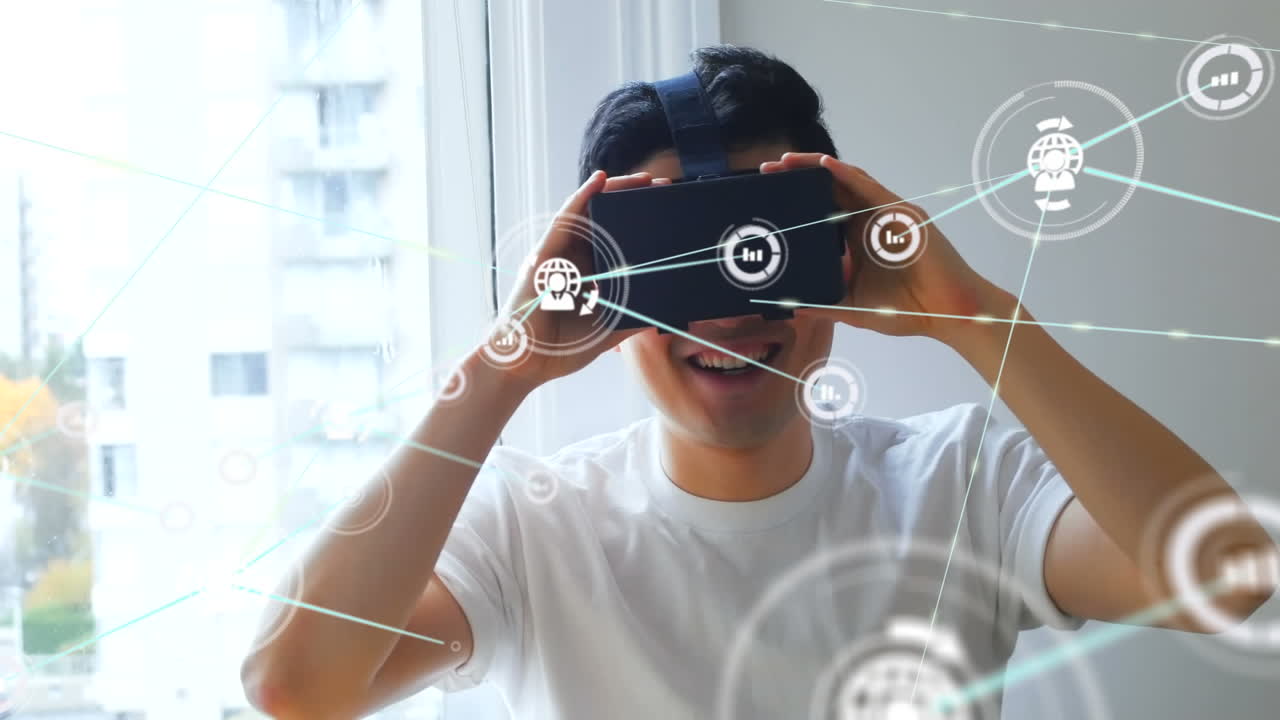 vr 헤드 ⁇ 을 착용한 사람 위에 아이콘으로 연결된 네트워크의 애니메이션