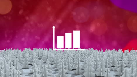 icono de gráfico de barras sobre varios árboles en el paisaje de invierno contra manchas de luz en fondo rosa