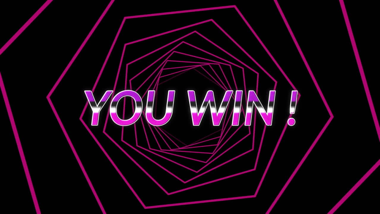 검은색 배경에서 원활하게 회전하는 분홍색 육각형에 대한 보라색 레벨 업 텍스트