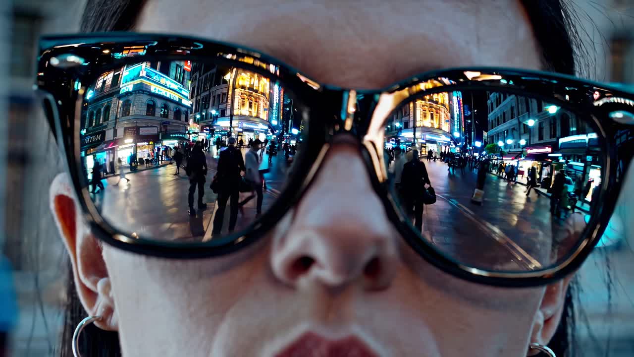Video captures urban nightlife through reflections in sunglasses, blending reality and perception