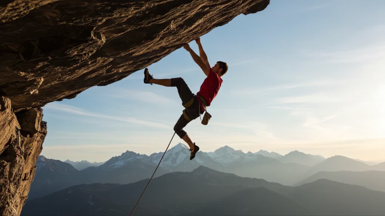 A determined rock climber skillfully ascends a vertical cliff face, showcasing strength and perseverance against a backdrop of breathtaking mountain scenery and a clear sky