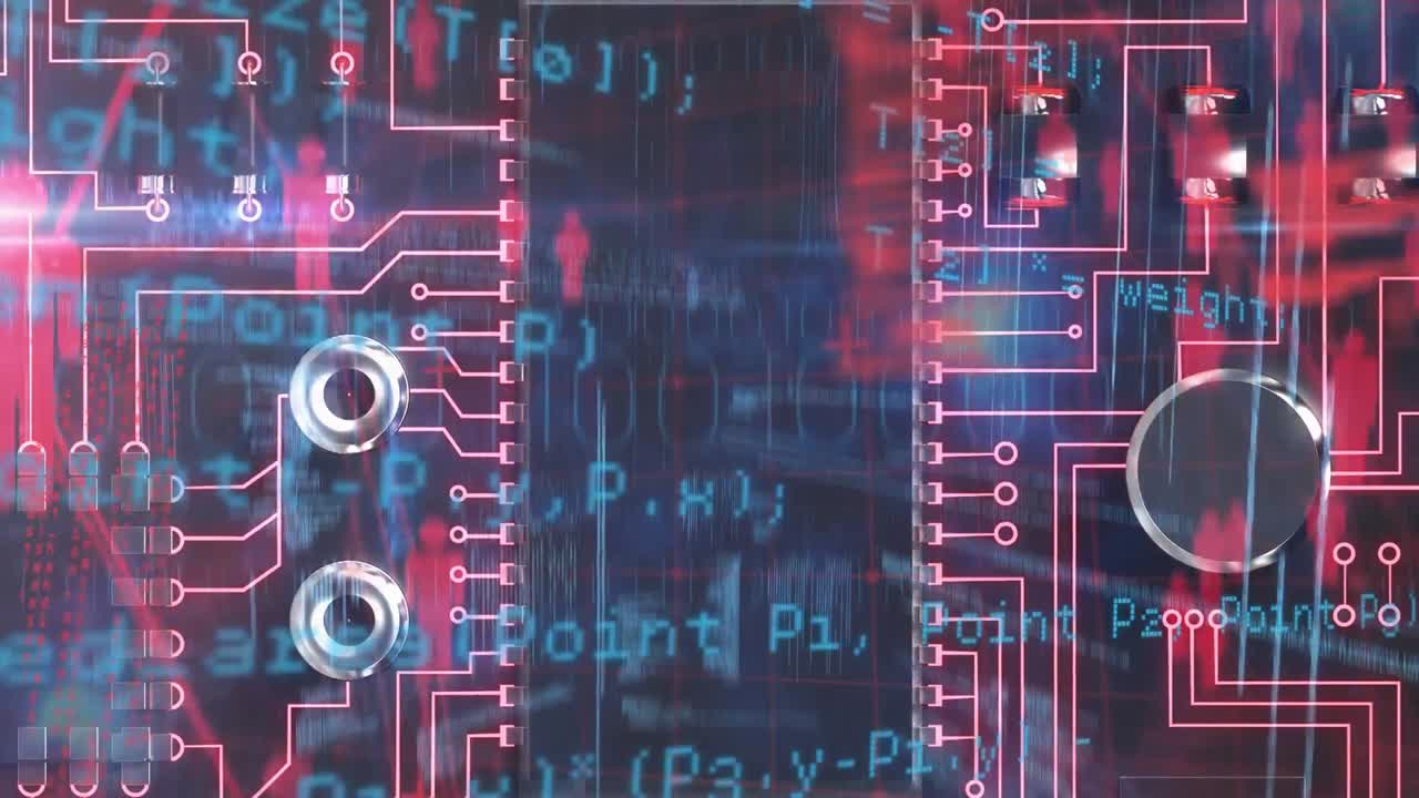 animación de datos y información azules y rojas que se mueven en la pantalla a través de un microprocesador