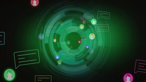 digital communication icons and chat bubbles animation over green circular interface