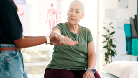 woman, physiotherapy and check arm for medical