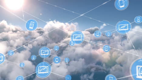 animation of network of connections with icons over clouds