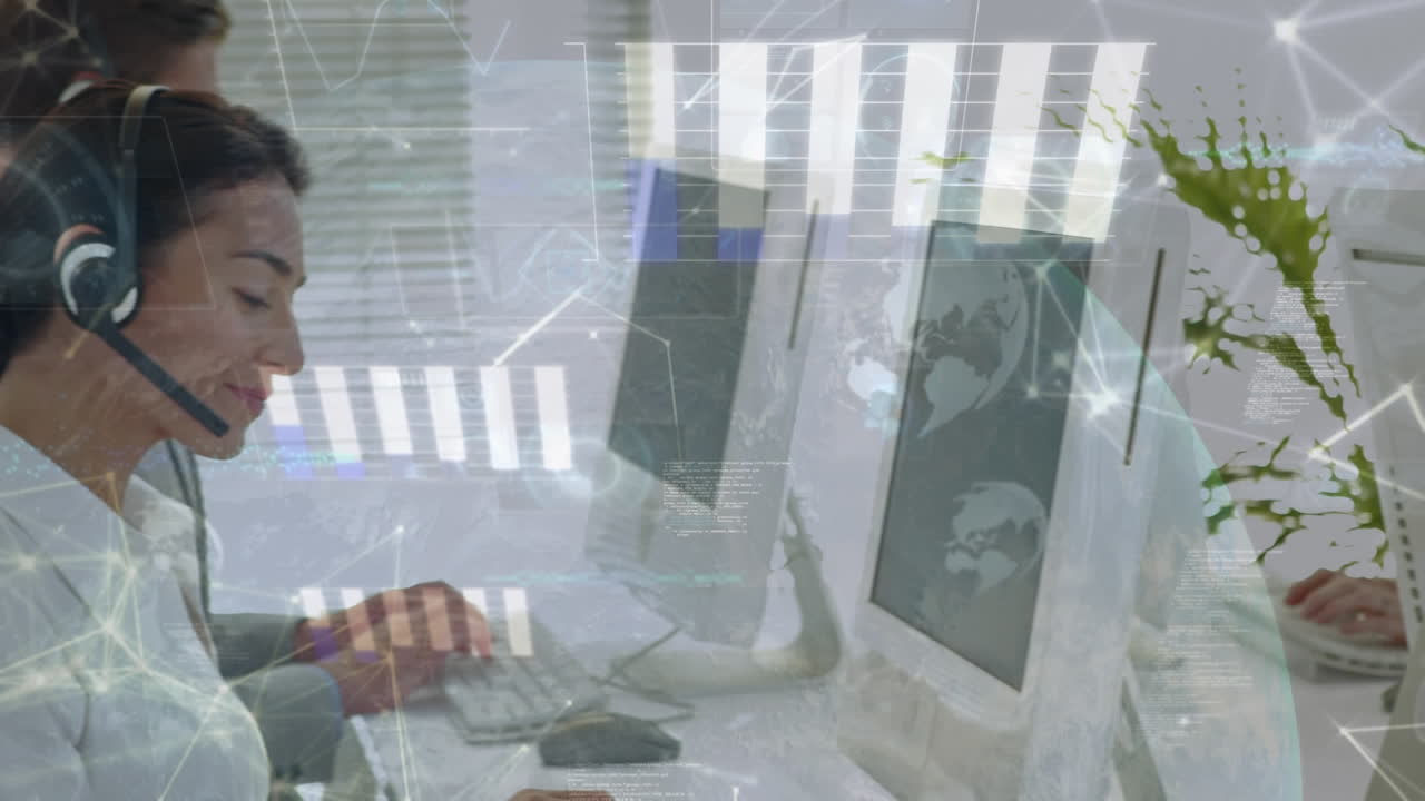 animación de la red de conexiones con iconos sobre personas de negocios que usan auriculares telefónicos