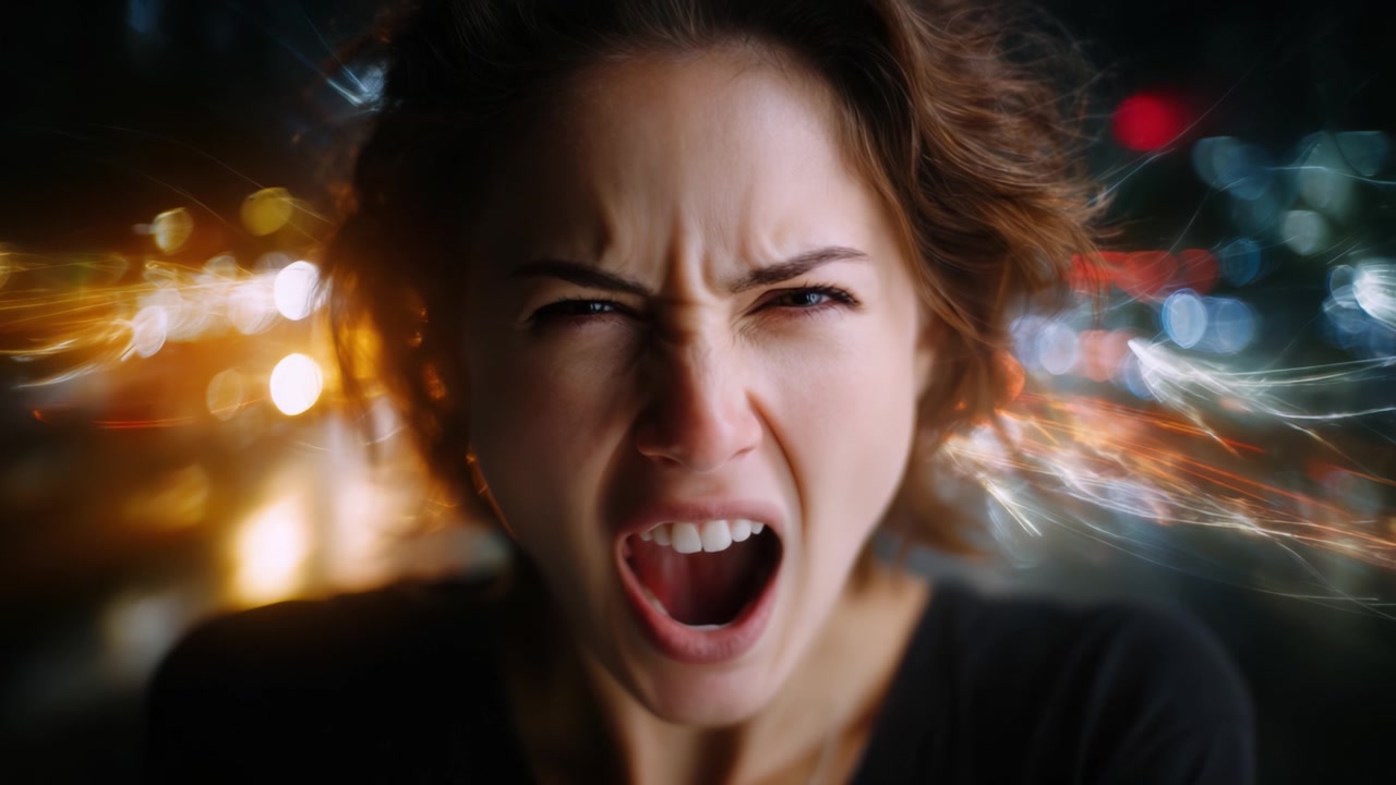Expression of Intense Emotion: A Woman Shouting in Urban Night Scene with Dynamic Light Trails and High Energy Clearly Showcased in Chaotic Atmosphere.