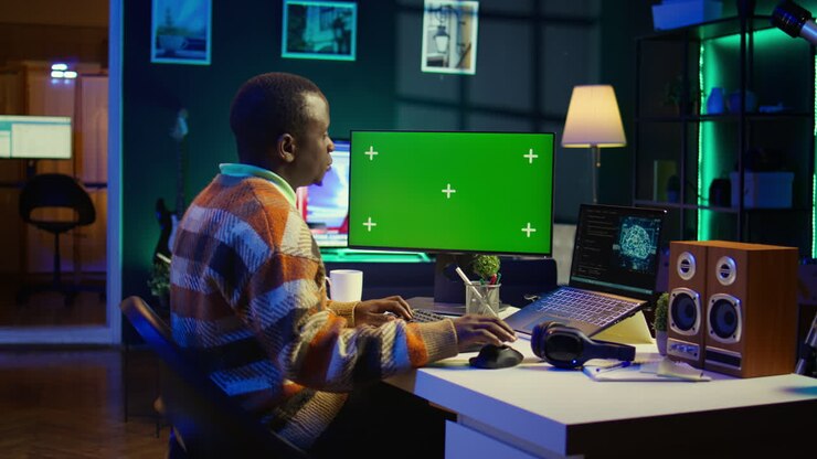 Uomo che lavora al computer con uno sfondo verde in un ufficio domestico