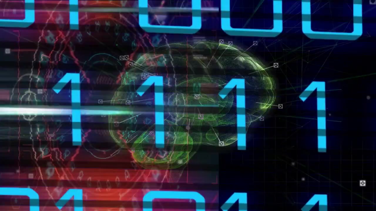 Red-orange sliding left starting sequence, green brain showing nodes, binary digits mapping network