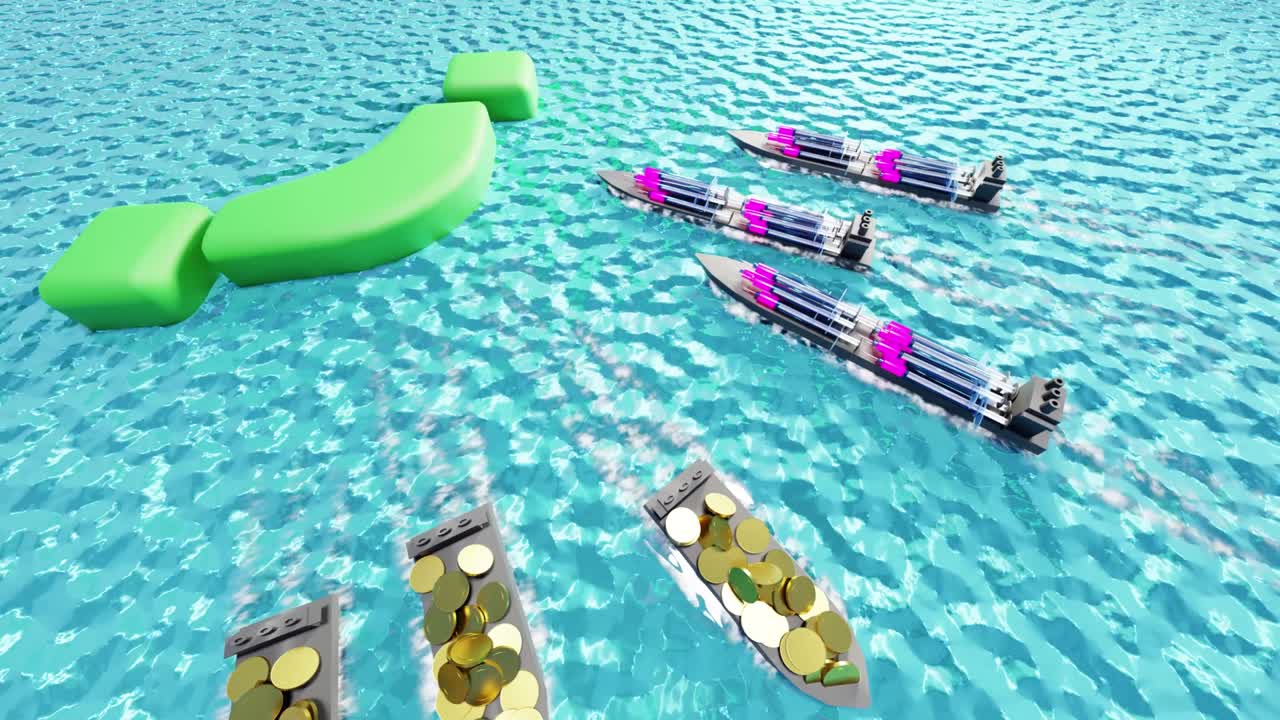 많은 양의 백신이 배로 운반되고 돈이 나가는 것을 보여주는 애니메이션 비디오