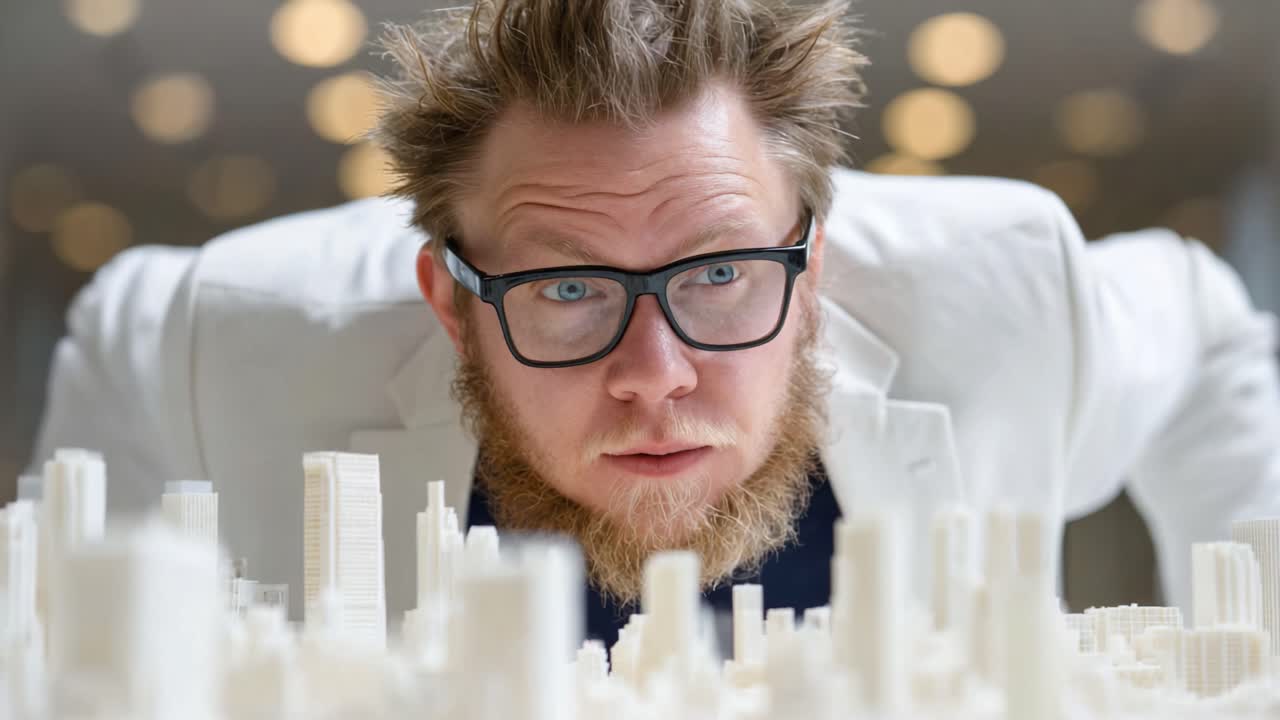 A close-up view of a person examining a detailed architectural model, showcasing curiosity and intricacy in urban design through vivid facial expressions and gestures